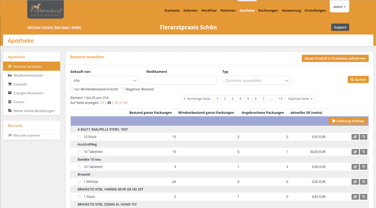 Medikamentenbestand & Futtermittel verwalten und dokumentieren, Tierarztsoftware inBehandlung