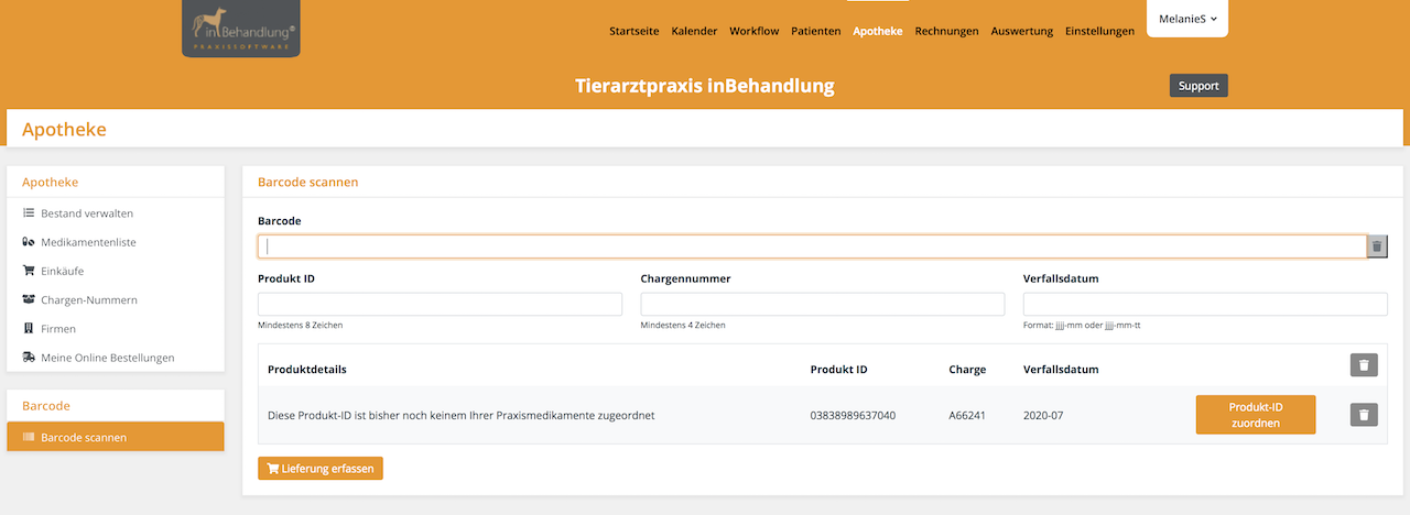 Barcodescanner & Verfallsdatum, Tierarztsoftware inBehandlung