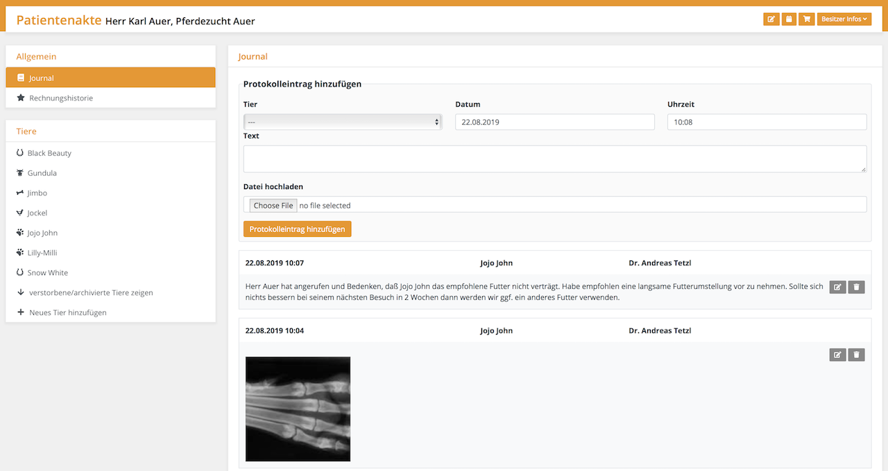 Journal führen, Tierarztsoftware inBehandlung