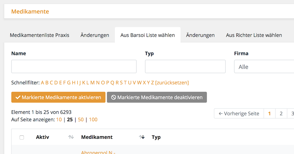 Medikamenteninformationen und Preise direkt aus der Barsoi Liste (Deutschland) und eLord Richterliste (Österreich) einspielen, Tierarztsoftware inBehandlung