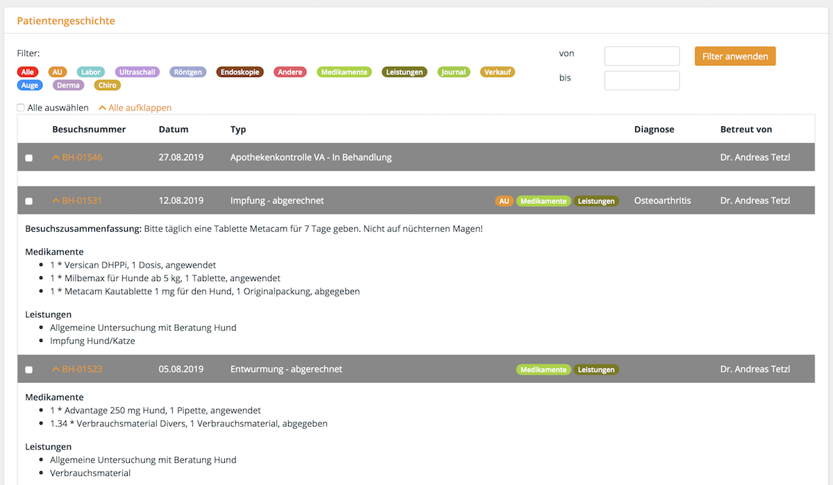 Schnellsuche zur Durchsicht der Behandlungshistorie, Tierarztsoftware inBehandlung