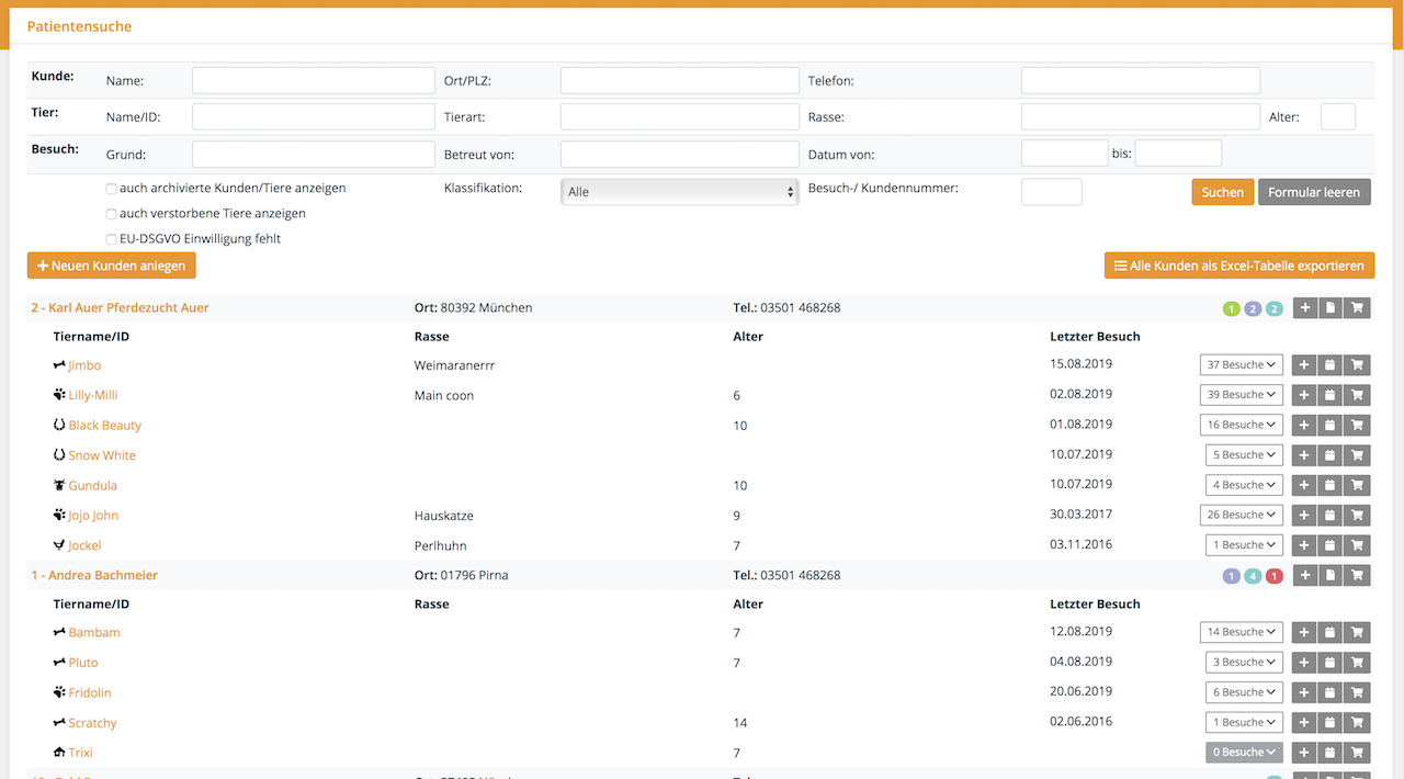 Patientensuche, Tierarztsoftware inBehandlung Patientensuche, Tierarztsoftware inBehandlung