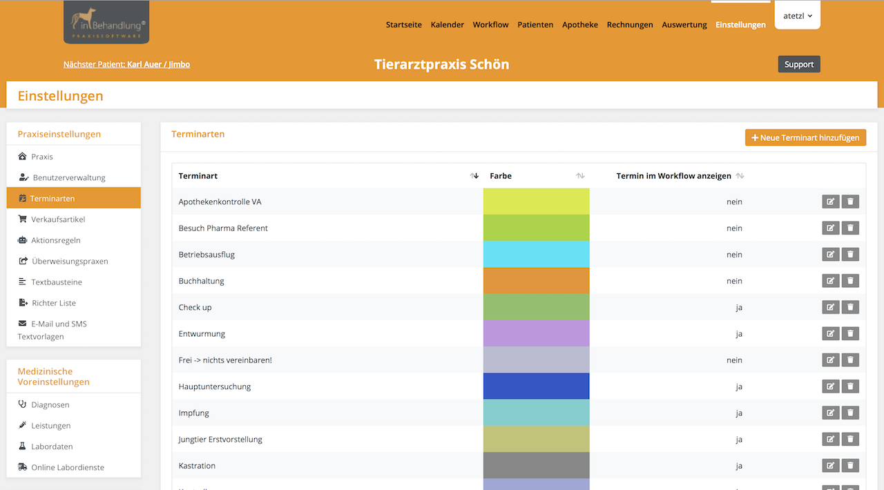 Individuelle Terminarten, Tierarztsoftware inBehandlung Individuelle Terminarten, Tierarztsoftware inBehandlung