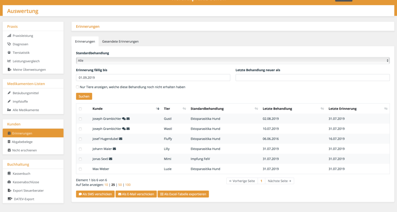 Email und SMS Erinnerungen senden, Tierarztsoftware inBehandlung Email und SMS Erinnerungen senden, Tierarztsoftware inBehandlung