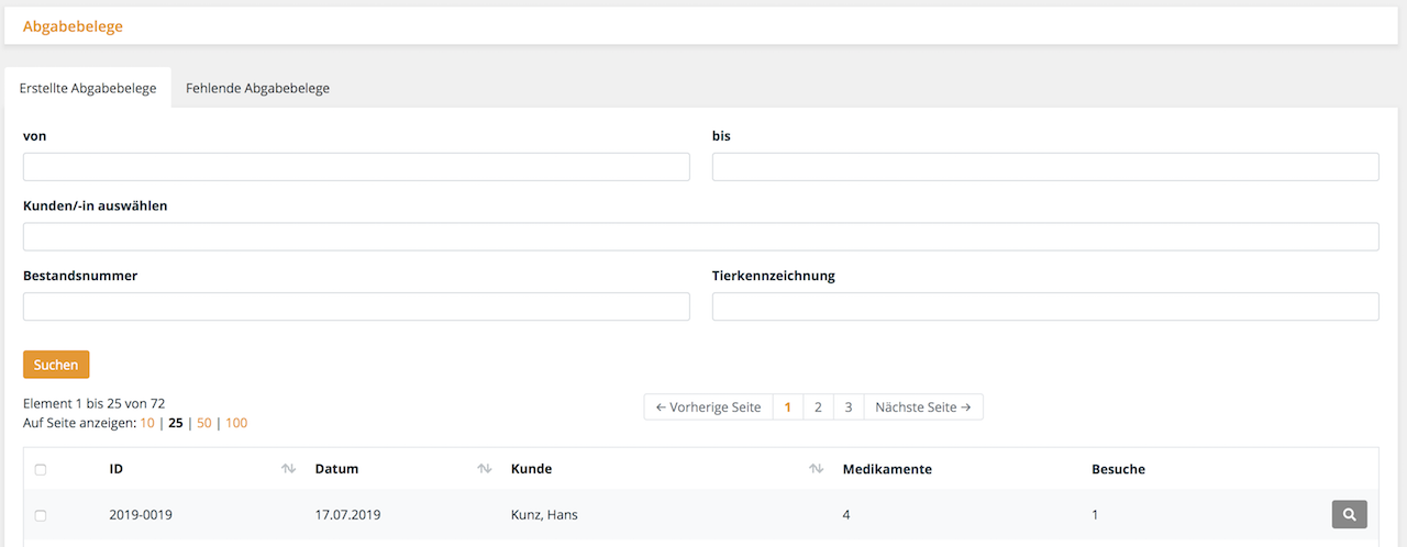 Abgabebeleg (AuA) Management, Tierarztsoftware inBehandlung