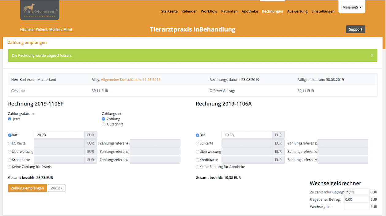 Wahlweise getrennte Rechnungsstellung von Apotheke und Praxis, Tierarztsoftware inBehandlung Wahlweise getrennte Rechnungsstellung von Apotheke und Praxis, Tierarztsoftware inBehandlung
