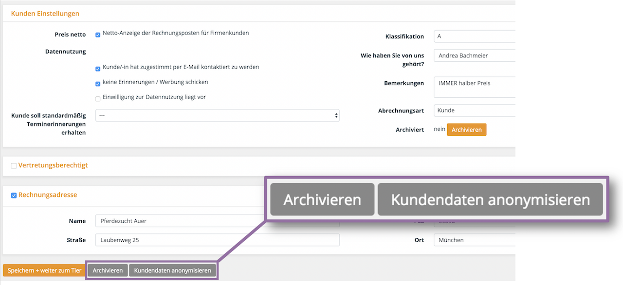 Kunden bearbeiten, Archivieren und Anonymisieren von Kunden und Tieren, Tierarztsoftware inBehandlung