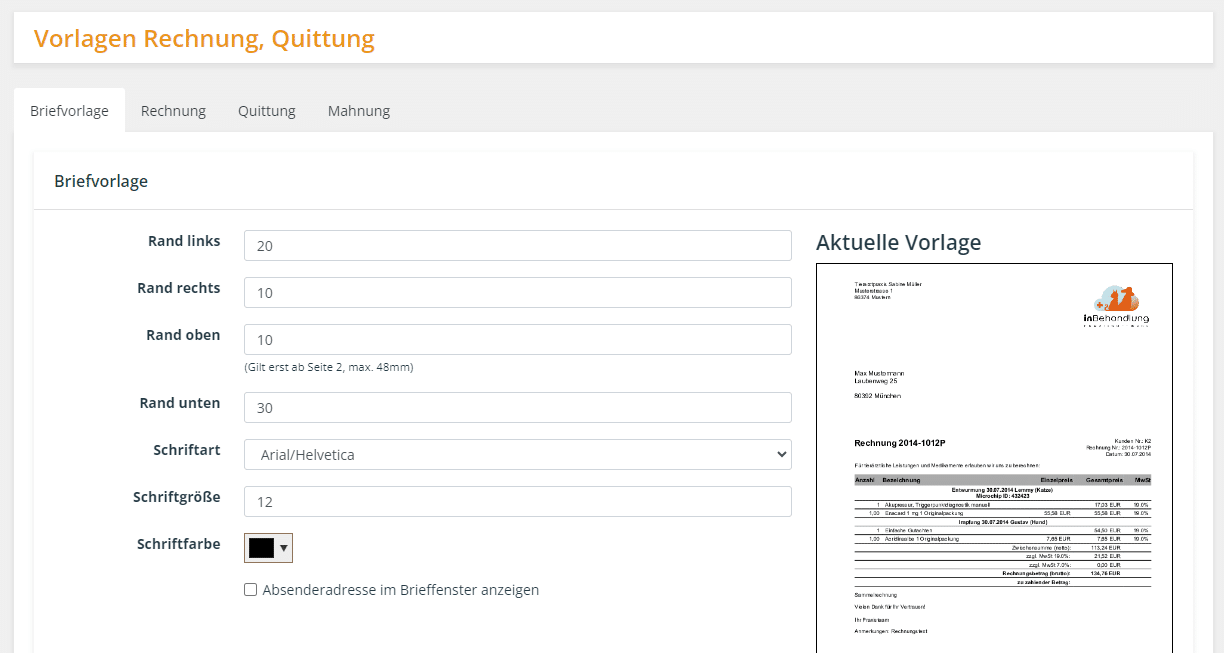 Individuelle Vorlage für Rechnungen & Quittungen, Tierarztsoftware inBehandlung