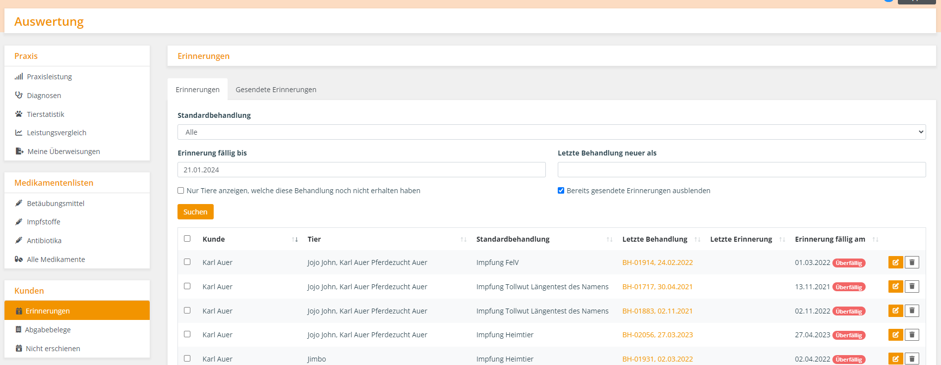 Terminerinnerungen Tierarztsoftware inBehandlung