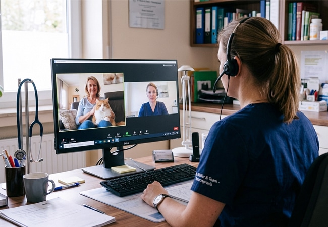 Inbehandlung Videosprechstunde Videosprechstunde einer Tierärztin mit inBehandlung Tierarztsoftware