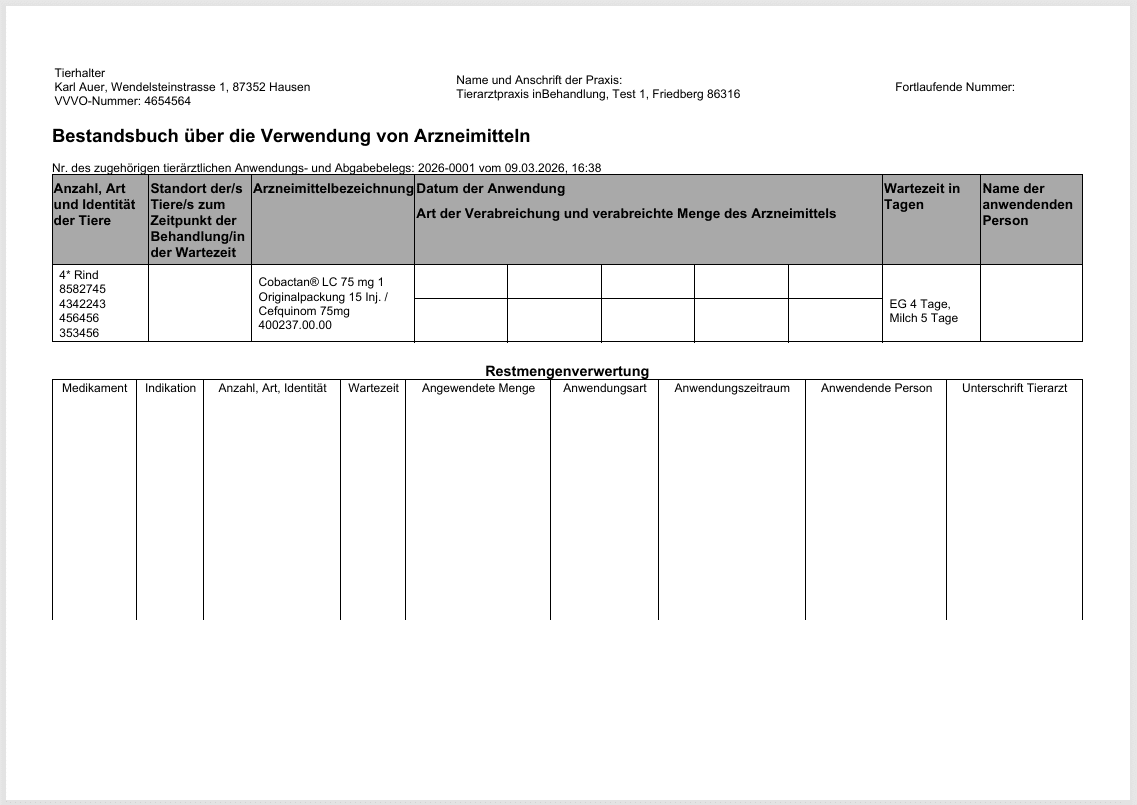 Bestandsbucheintrag mit der Praxissoftware für Nutztiere von inBehandlung